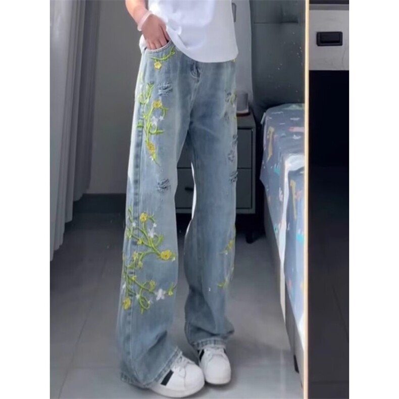 【现货】DA451-特批55春秋季新款潮牌小众藤条花卉刺绣牛仔裤男图片