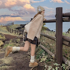 182-8527-P190K288--咖啡色双面穿羊羔毛机车服加绒加厚外套，女装羊羔毛/颗粒绒，帛香坊