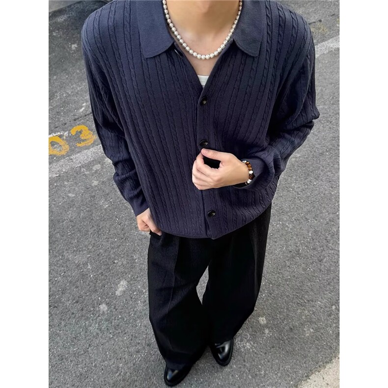 先生简约宽松韩版纯色翻领针织衫条纹半拉链慵懒风男毛衣polo衫图片