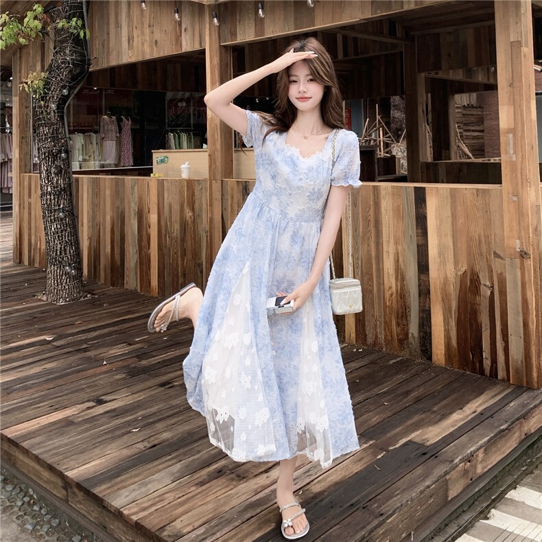 法式蓝色花朵短袖连衣裙女夏季新款方领收腰长裙甜美建立气质裙子,女装连衣裙,艾米莉亚
