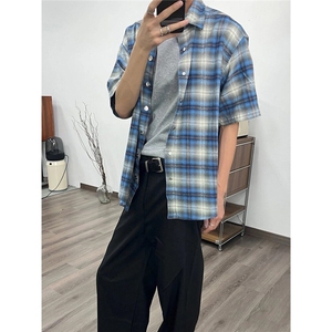 美式复古蓝色慵懒格子情侣衬衫男女夏季短袖宽松休闲外套 CSD01图片