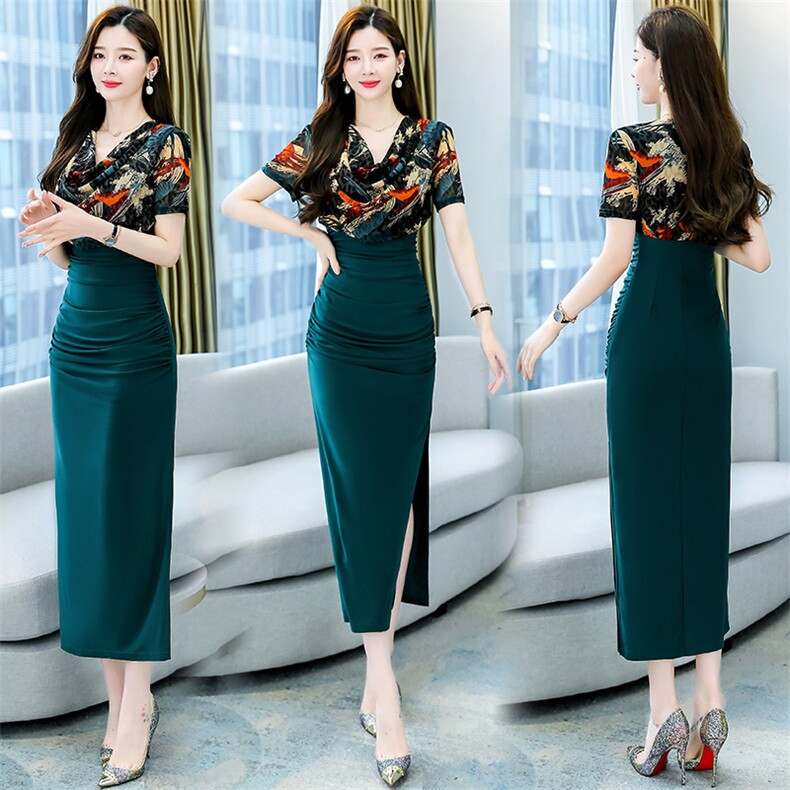 正版气质堆堆领印花上衣拼接连衣裙高腰显腿长2025年夏季新款，女装连衣裙，米雪儿