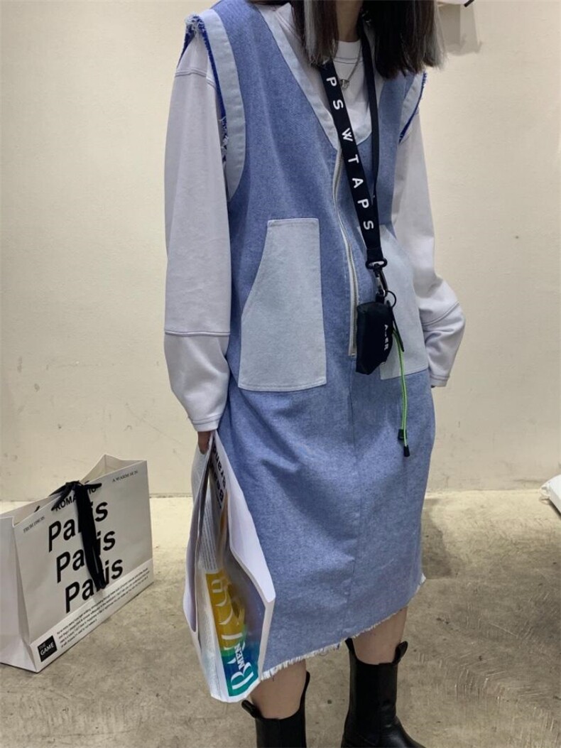 拼色牛仔马甲连衣裙，女装马甲，Alissa Lin