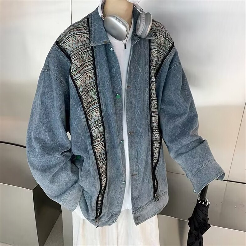 Y8091-P40复古民族风拼色贴布口袋拉链牛仔外套洋气时尚百搭翻领，男装工装外套，电商B323A