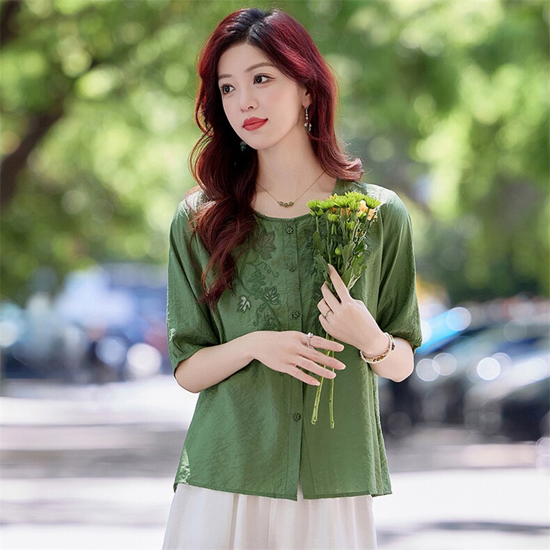 现货！夏季新款2025套装女简约时尚优雅气质减龄天丝麻料刺绣上衣,女装衬衫,魅影