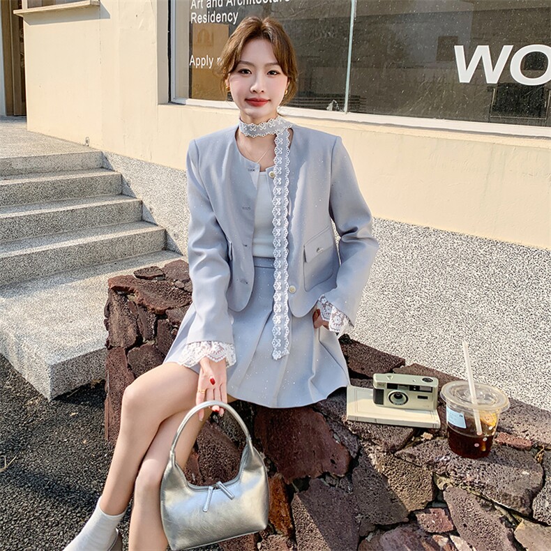 蕾丝拼接时尚套装裙女2025春季新款超好看减龄小个子百褶裙两件套,女装套装/套裙,1D102-1
