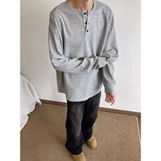 灰色亨利领长袖t恤男春秋季美式体恤衫华夫格宽松休闲内搭打底衫，男装T恤，星座506A