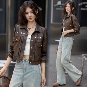 2024春秋新款美拉德柳钉短外套上衣美式复古皮衣女工装短款皮夹克图片