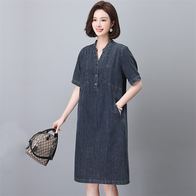 牛仔连衣裙女2025新款夏季大码宽松胖mm遮肚子显瘦气质妈妈薄裙子，女装牛仔裙，韩派