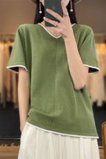 100%纯棉短袖t恤女2024春夏新款v领韩版宽松拼色百搭短款打底上衣，女装T恤，鹿一羊绒