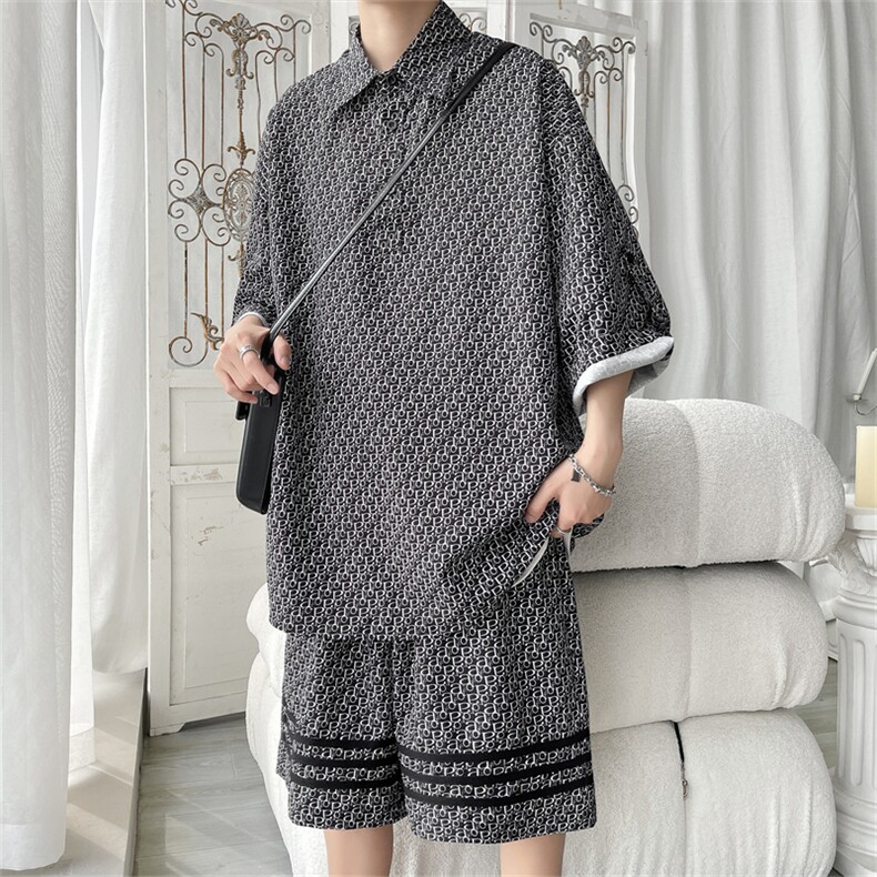 TZ87576/P60夏季港风短袖短裤套装男五分袖衬衣潮男大码两件套，男装休闲套装，电商A141