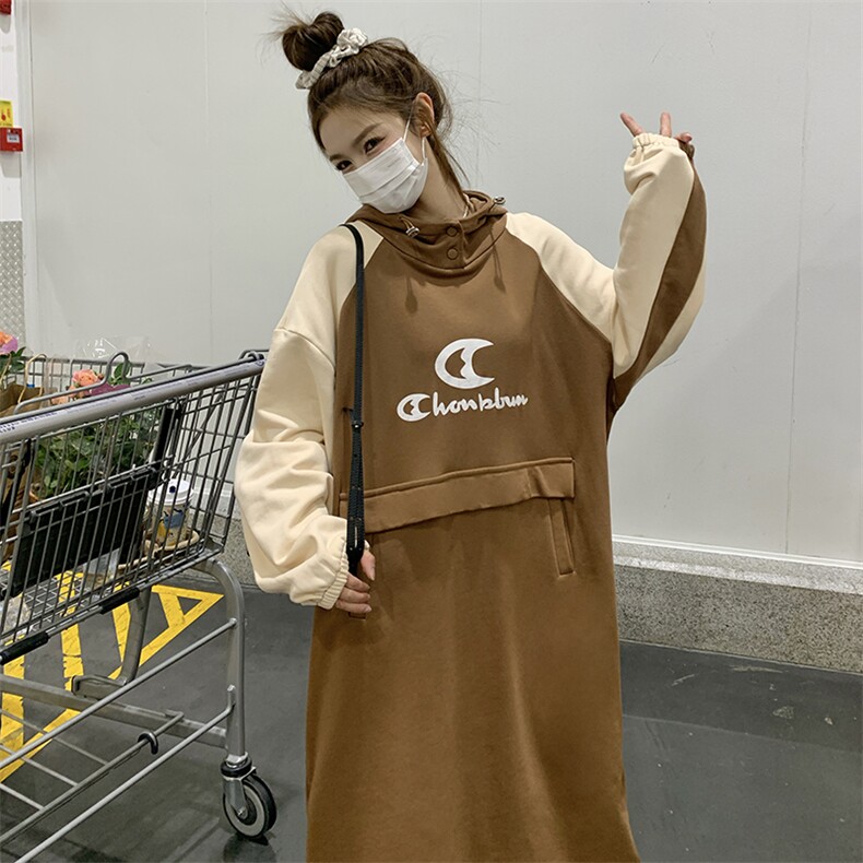 咖色撞色拼接连帽连衣裙女春季2025新款遮肉休闲宽松长款卫衣裙,女装连衣裙,2C037
