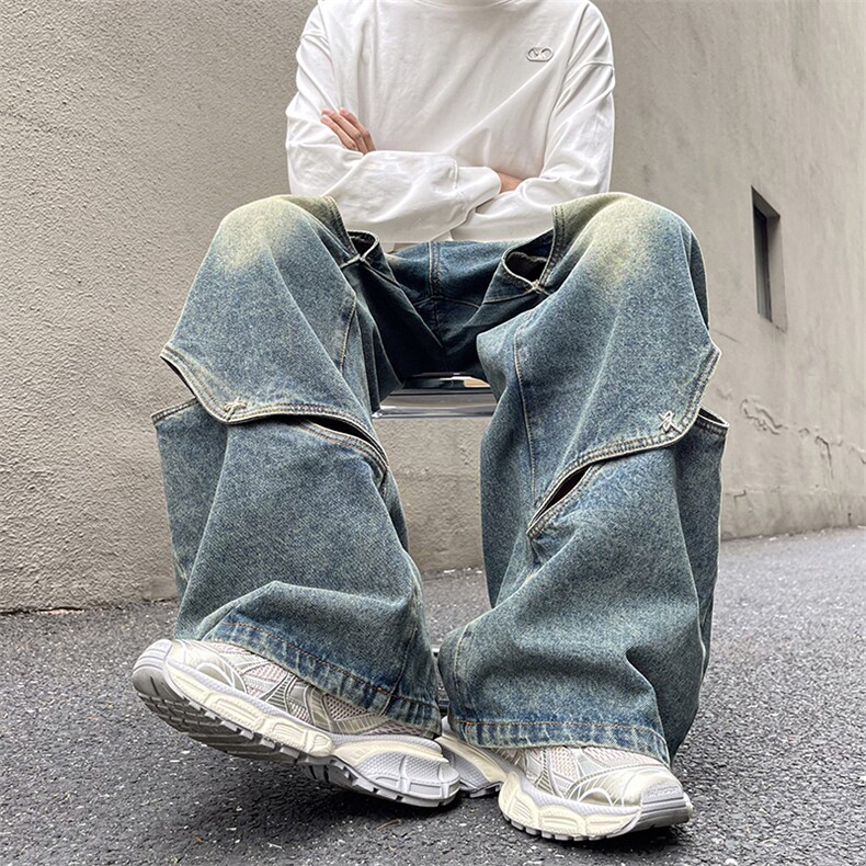 春秋牛仔裤男美式破洞撞色宽松复古高街嘻哈阔腿裤N02007-P50,男装牛仔裤,星座308B-2