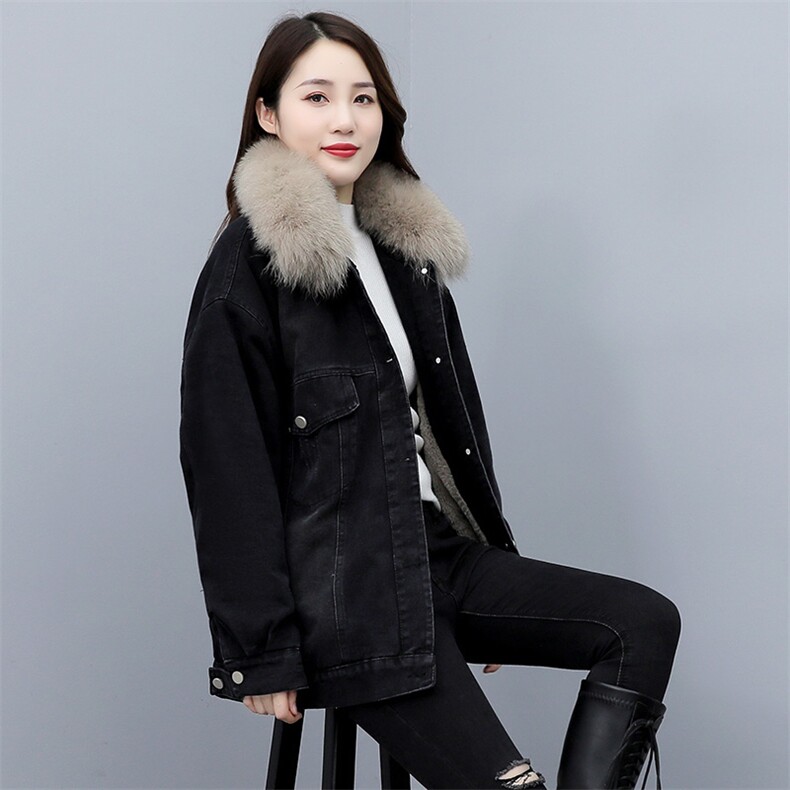 冬季新款中长款加绒单排扣长袖翻领带毛领女,女装短外套,微微衣阁