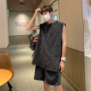 套装男韩版潮无袖背心两件套2023夏季新款ins宽松五分裤W4835-P53图片