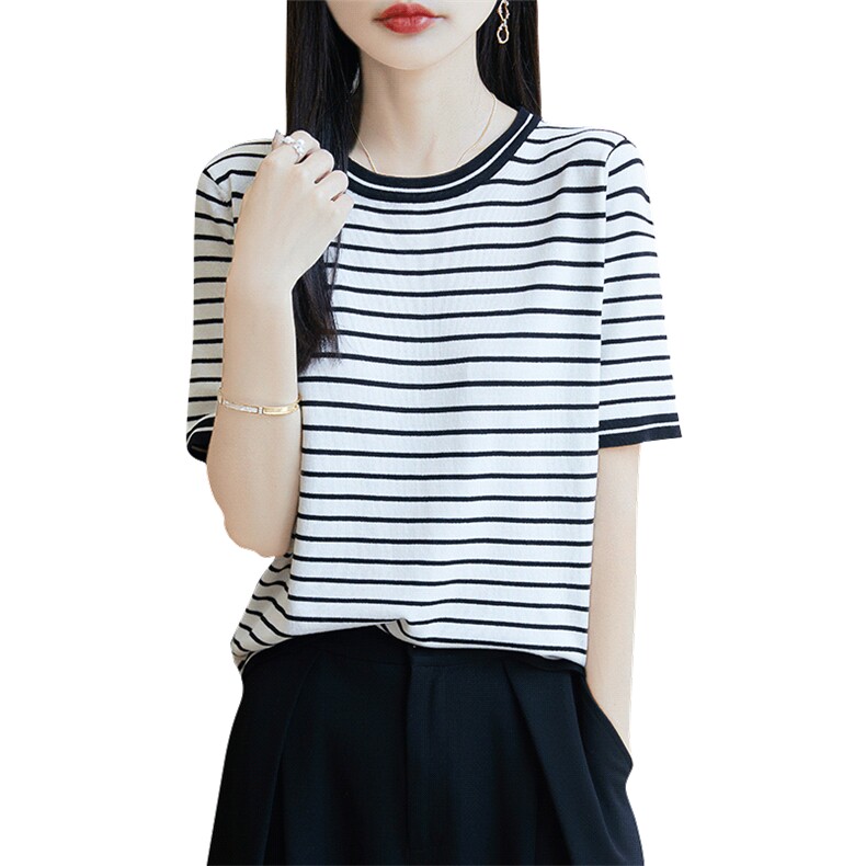休闲条纹短袖t恤女夏季2025新款打底衫洋气大码女装冰丝针织上衣,女装T恤,皓宇羊绒