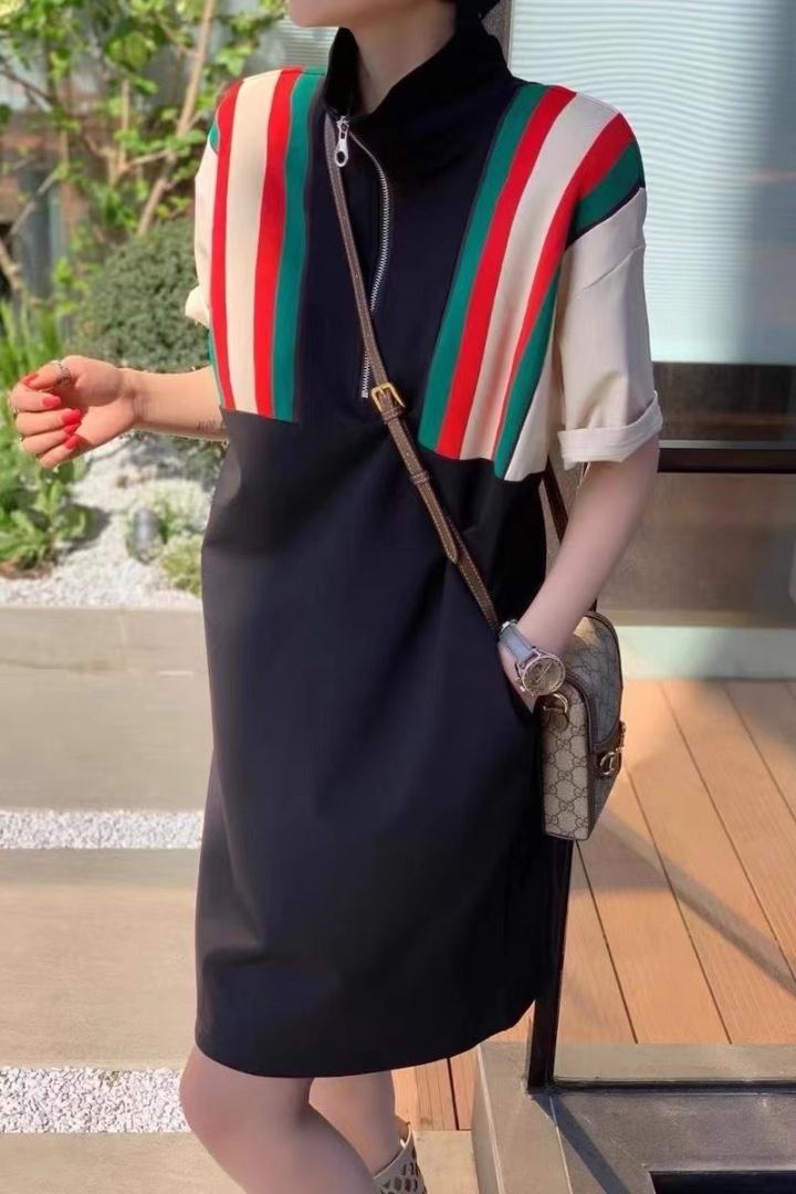 DG885欧洲站夏装女2021新款欧货潮牌宽松撞色休闲T恤裙,女装T恤,L·H·X