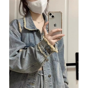 牛仔外套男女春秋款痞帅炸街穿搭复古水洗做旧毛边夹克JK8920,蕾丝背心搭配衬衫图片