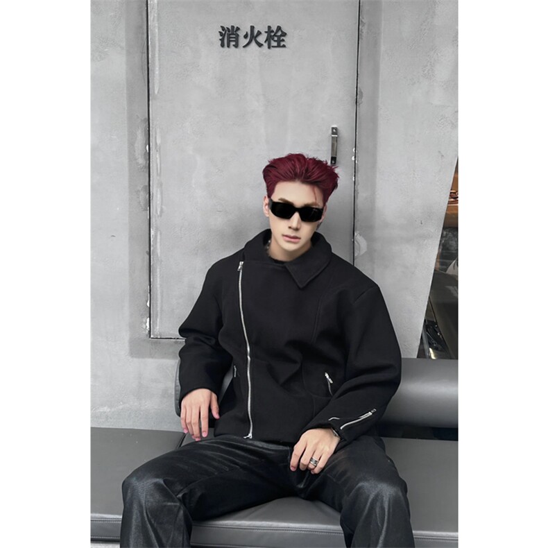 短款毛呢外套夹克斜拉链解构设计感黑色翻领外套DY193-P90网图图片