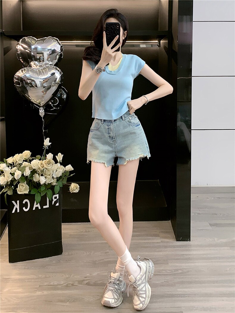 韩系温柔风时尚套装女夏款V领系带披肩假两件上衣牛仔短裤两件套,女装套装/套裙,江南