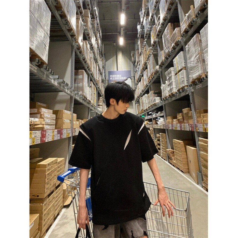 美式解构拼接正肩t恤小众设计感刀割垫肩短袖男高级感LTK7033-P35,男装T恤,星座1008
