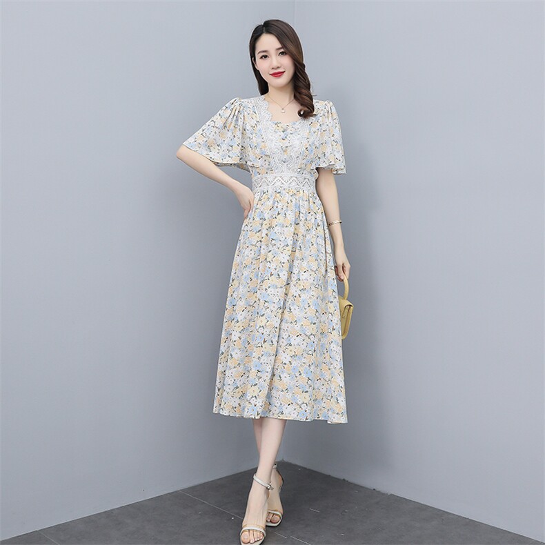 蕾丝雪纺碎花连衣裙女2022夏新款减龄显瘦气质长款长裙,女装连衣裙,雅佳俏