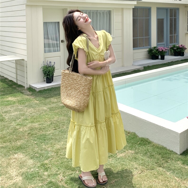 黄色法式温柔度假风连衣裙女2025夏季新款时尚高级感减龄长裙子,女装连衣裙,2C232