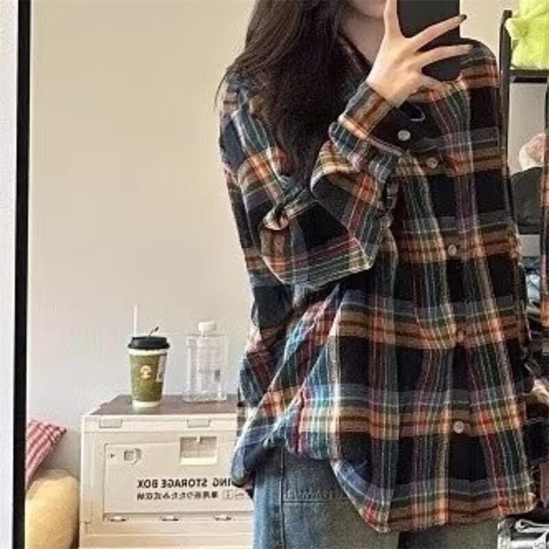 日系撞色格子衬衫男春季潮牌复古小众设计感宽松休闲情侣衬衣外套图片