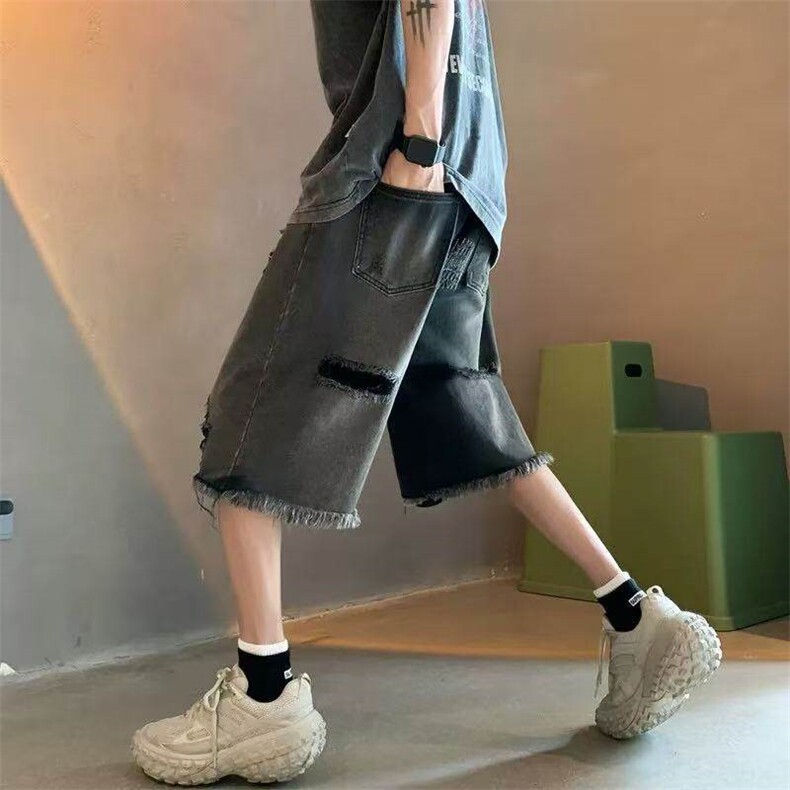 美式高街复古乞丐破洞牛仔短裤男款夏季薄款潮牌宽松百搭五分裤,男装牛仔裤,星座613