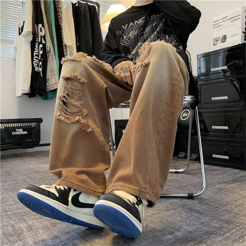 ins气质直脚男潮破洞牛仔裤水洗长裤青春流行高腰新款夏季潮流图片