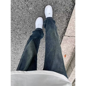 美式复古蓝做旧微喇牛仔裤男女2026新款显瘦显高百搭直筒裤,豹纹吊带夏季如何搭配图片