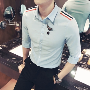 YC028-Q学院英伦风肩章中袖衬衫空军服衬衣男七分袖寸衫大码P35图片