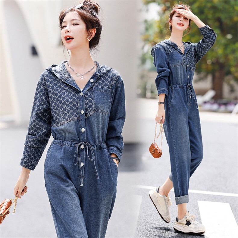 时尚显瘦牛仔连体裤 抽绳收腰设计 百搭休闲风,女装连体裤,钱塘布衣