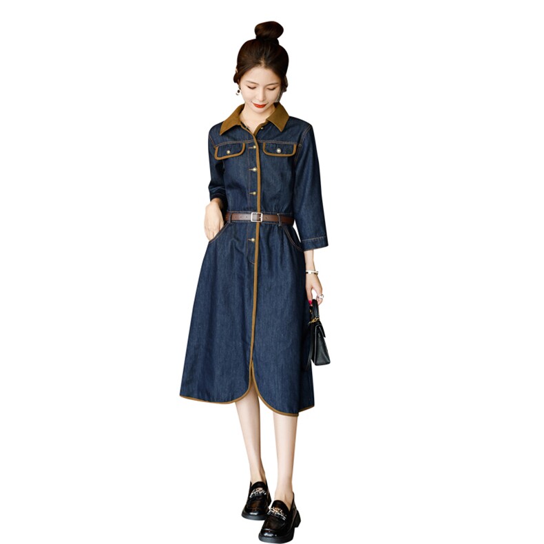 时尚显瘦牛仔连衣裙女新款气质长袖修身A字裙百搭休闲裙,女装连衣裙,秋水欣儿