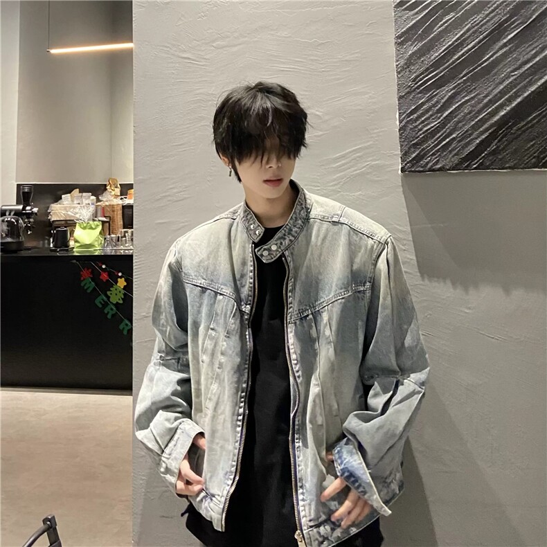 春秋牛仔外套男圆领休闲潮牌水洗痞帅日系复古青少年夹克图片