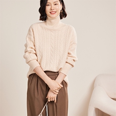 七针大绞花宽松高翻领女士羊绒衫30%羊绒，女装羊绒衫，名驰羊绒