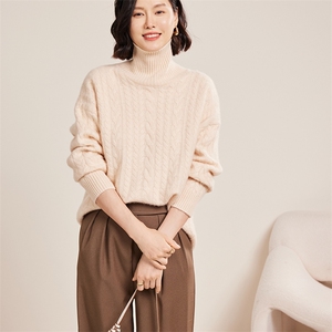 七针大绞花宽松高翻领女士羊绒衫30%羊绒图片