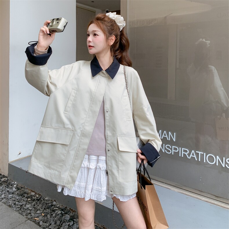 米白色工装风衣外套女春秋2025新款学院风流行设计感夹克上衣爆款,女装风衣,2C372