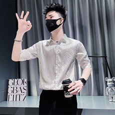 301A-1CS583P55社会小伙店主风男士夏季纯色提花中袖衬衫，男装衬衫，星座301A-1