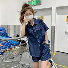 深蓝色休闲牛仔套装女2024夏新款宽松短袖衬衫高腰阔腿短裤两件套，女装套装/套裙，菡迪欧娜