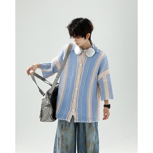 8XL-M 特大码美式撞色新中式短袖衬衫男翻领休闲针织开衫DX312P35图片