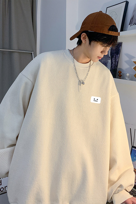 春季新款宽松休闲上衣华夫格笑脸小标圆领卫衣JK23342特批24控39,男装卫衣,星座605(原A050)