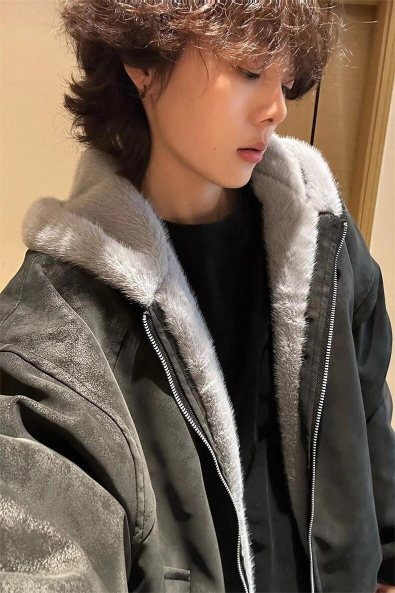 网图美式连帽荔枝皮座山雕外套男女款冬季毛领夹克-A2363P98,男装夹克,电商B241
