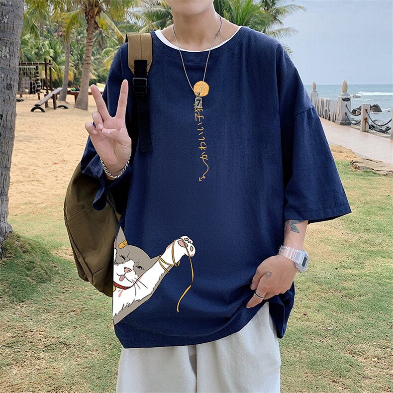 YT26013-P30亚麻短袖t恤男大码五分袖男宽松七分袖港风模特,男装T恤,电商A040