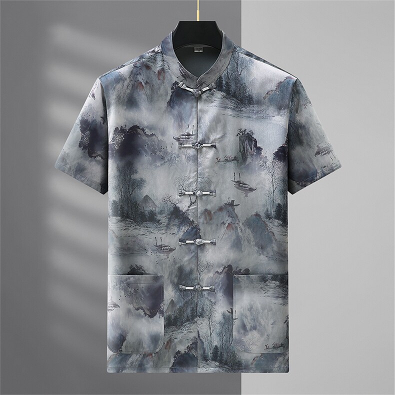 山水香云纱唐装男中老年风复古短袖衬衫套装BD238T-P98,男装衬衫,星座1105-3