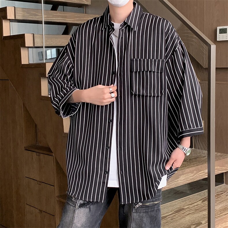 C2037/P35现货夏季条纹工装短袖衬衣男士宽松衬衫五分袖潮大码男,男装衬衫,电商A141
