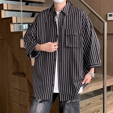 C2037/P35现货夏季条纹工装短袖衬衣男士宽松衬衫五分袖潮大码男，男装衬衫，电商A141