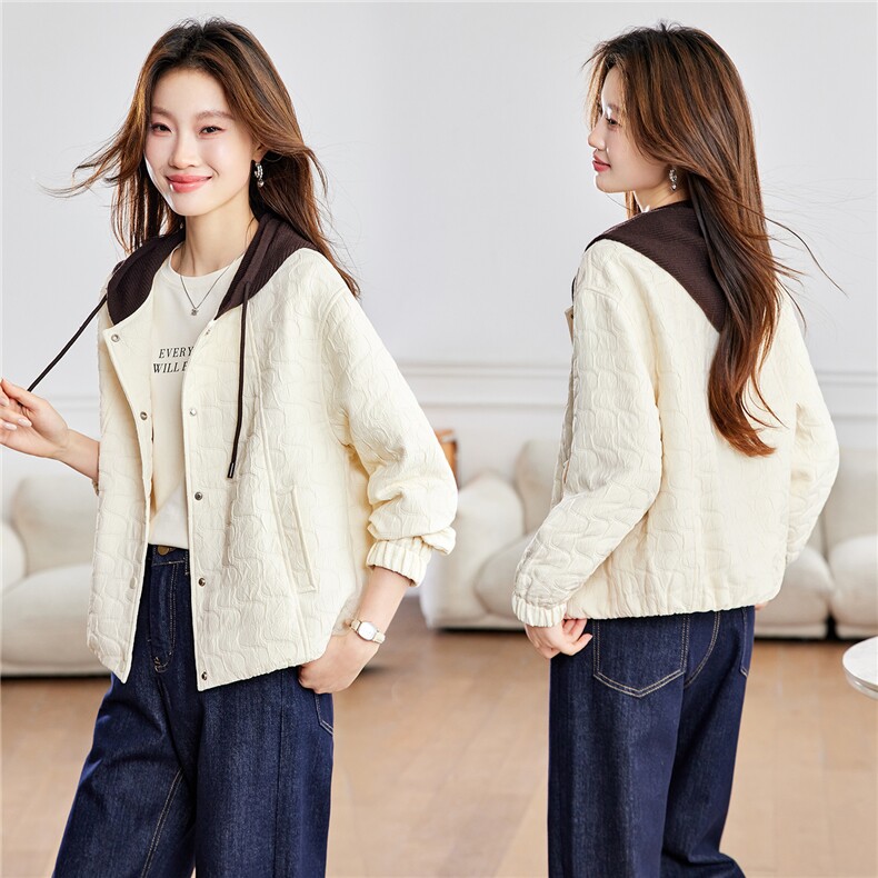 2026年春季宽松抽绳连帽撞色休闲短外套，女装短外套，简韵佳