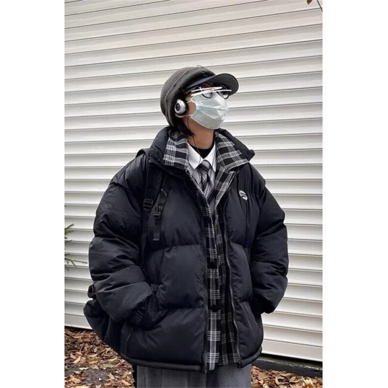 美式复古设计感拼接格子棉服宽松假两件防风翻领加厚面包服外套,男装棉衣,星座410-6（原星座1304-1）