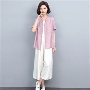 2022重工刺绣短袖衬衫女夏季新款妈妈衬衣棉麻风休闲上衣
